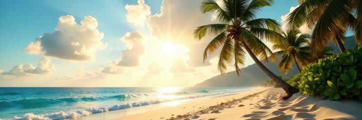 Obraz premium Palm trees sway gently in warm sunlight on sandy beach, tropical, palm trees