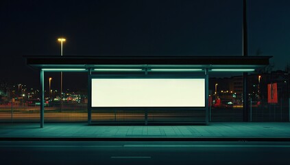 Blank Billboard at Night Bus Stop in City