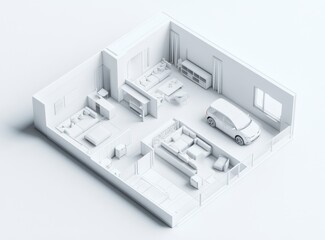 Monochromatic apartment floor plan with car in garage