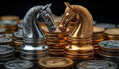 A close-up image of two chess knight heads facing each other atop a pile of coins, conceptual design for financial investment and business competition.