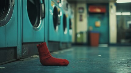 Lone Red Sock in the Laundry: A vibrant red sock rests abandoned on a laundromat floor, evoking feelings of solitude, missing pairs, and the everyday rhythms of life. 