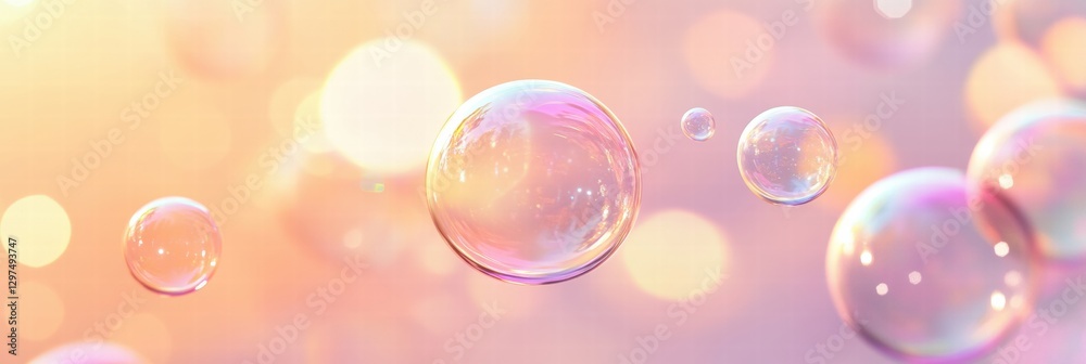 Poster colorful bubbles floating in a dreamy atmosphere during a sunset. generative ai