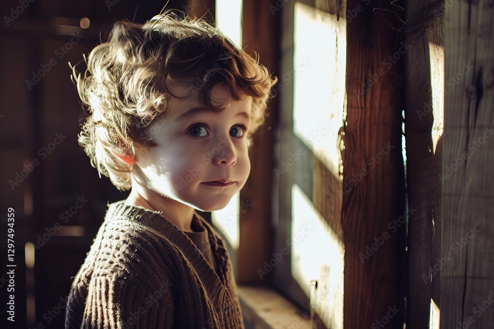 Wall mural portrait of a boy with blond hair in an old wooden house