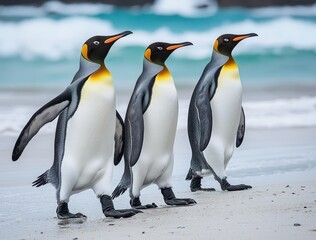 Fototapeta premium Three Adorable Penguins Walking Along a Sandy Beach with Turquoise Waves in the Background Under a Clear Blue Sky in a Natural Coastal Setting