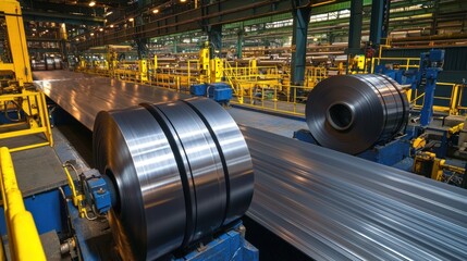 Industrial steel processing facility with rolling mills and production lines in operation