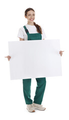 Smiling cleaning service worker with sheet of paper on white background. Space for text