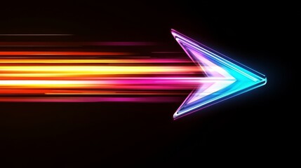 A dynamic neon arrow streaks rapidly across a dark background, illuminating the path ahead with an array of vibrant colors and energetic flashes that capture attention and inspire movement