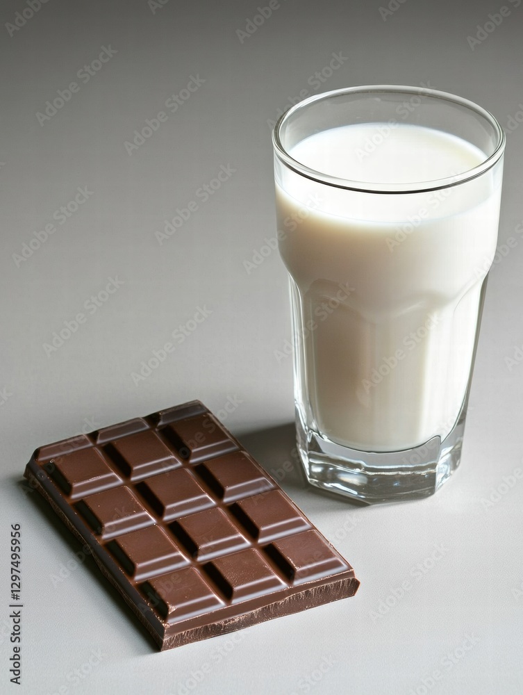 Poster delicious combination of chocolate bar and fresh milk on a simple gray background. generative ai