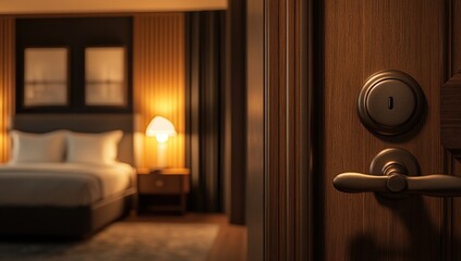 Obraz premium Open Door to a Warmly Lit Hotel Bedroom