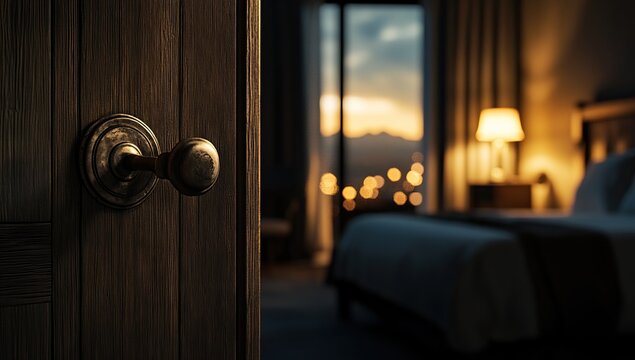 Rustic Wooden Door Ajar Revealing Warmly Lit Hotel Bedroom with Sunset View