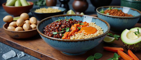 Fototapeta premium Colorful bowls of traditional ingredients and flavors