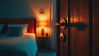 Obraz premium Open Door to a Dark Teal Bedroom with Warm Lamplight