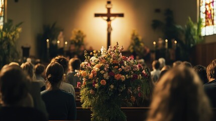 A group of people gathered in a church for Easter service, with a large cross adorned with flowers as the focal point