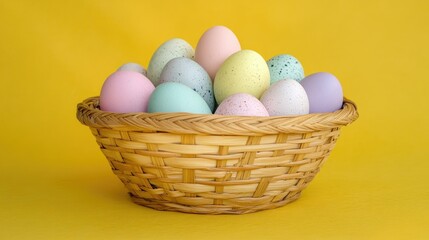 A handwoven basket filled with colorful Easter eggs, displayed on a bright yellow surface, showcasing the beauty of pastel hues and soft spring colors