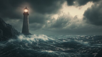 Lighthouse Beacon in Stormy Sea: A stoic lighthouse stands tall against a dramatic backdrop of a raging sea and stormy sky, its beacon of light cutting through the darkness and guiding ships. 