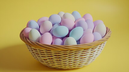 A large basket of Easter eggs in pastel hues of pink, blue, and lavender, set against a cheerful yellow background, with soft shadows and highlights on the eggs
