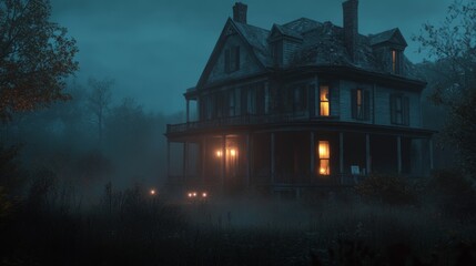 Fototapeta premium old house in the middle of the forest with fog