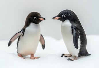 Obraz premium Two adorable penguins perched on snow, showcasing their distinctive black and white plumage, surrounded by a serene winter landscape in soft lighting