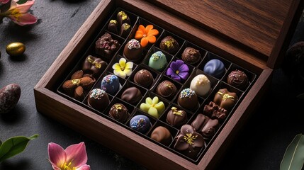 A luxurious assortment of artisan chocolates with Easter-themed shapes, such as flowers and bunnies, placed inside a handcrafted wooden box with elegant wrapping