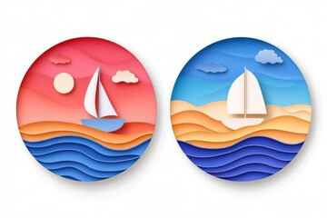 Naklejka premium Two circular ocean sunset illustrations with sailboats in a minimalistic artistic style evoking travel adventure and relaxation through a warm and balanced color palette