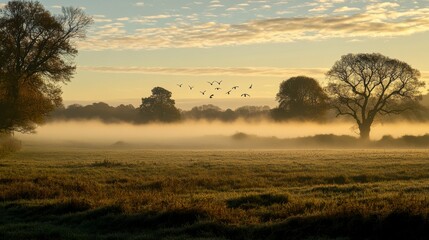 Fototapeta premium Misty Dawn: Golden sunlight filters through the morning mist, illuminating a serene landscape of trees, grassland, and a flock of birds in flight, creating a magical and tranquil scene.