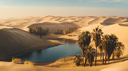 Oasis of Hope: A tranquil oasis in the heart of the desert, with a serene lake surrounded by swaying palm trees. The golden sand dunes stretch out in the distance.