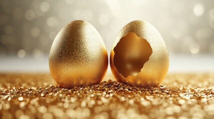 Golden eggs with one cracked open on sparkling surface in warm light. Easter, Pascha, Paskha, Ostern, Pascua, Paques - Orthodox and Catholic Holiday celebration