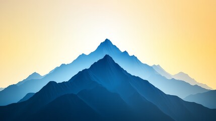 Fototapeta premium Blue toned layered mountain landscape illustration with a golden sky and atmospheric haze creating a vast depth effect for a serene and tranquil nature inspired digital artwork