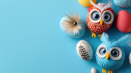 Fototapeta premium Colorful decorated eggs and cute owl figures on blue background. Easter, Pascha, Paskha, Ostern, Pascua, Paques - Orthodox and Catholic Holiday celebration