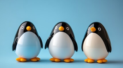Three cute toy penguins with black and white design on blue background. Easter, Pascha, Paskha, Ostern, Pascua, Paques - Orthodox and Catholic Holiday celebration