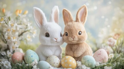 Obraz premium A pair of adorable Easter bunnies, one white and one brown, surrounded by colorful Easter eggs and soft pastel spring decor.