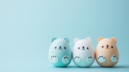 Cute pastel toy bears on blue background with minimalist design and soft colors. Easter, Pascha, Paskha, Ostern, Pascua, Paques - Orthodox and Catholic Holiday celebration