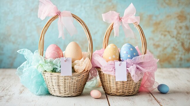 A pair of personalized Easter baskets side by side, with custom name tags and filled with handcrafted treats, colorful tissue paper, and pastel eggs