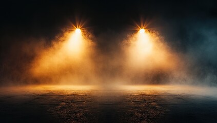 Two Bright Spotlights Illuminating Foggy Dark Stage