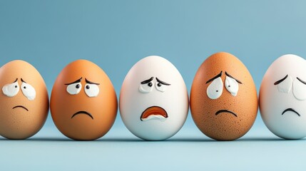Eggs with sad faces on blue background expressing emotions. Easter, Pascha, Paskha, Ostern, Pascua, Paques - Orthodox and Catholic Holiday celebration