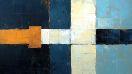Abstract geometric composition featuring bold colors and textured layers, creating visual depth