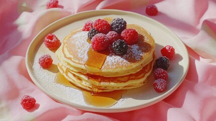 A plate of vegan Easter pancakes topped with fresh berries, maple syrup, and a dusting of powdered sugar, sitting on a pastel-colored tablecloth
