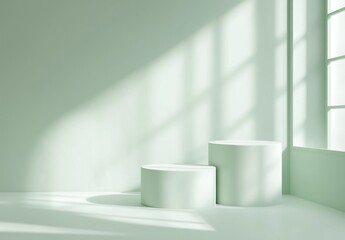 Pastel green room with display podiums, natural light, window