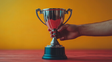 trophy held by hand against vibrant orange background, symbolizing achievement and success