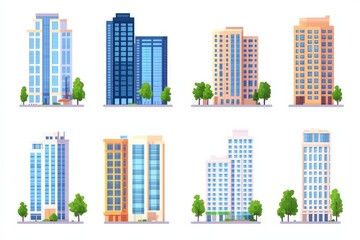 Collection of modern high rise buildings in urban cityscape with blue glass windows trees and green spaces in futuristic vector architecture illustration