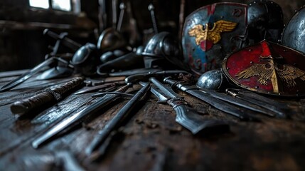 Fototapeta premium A collection of ancient weapons and armor displayed on a rustic wooden table in a dimly lit room