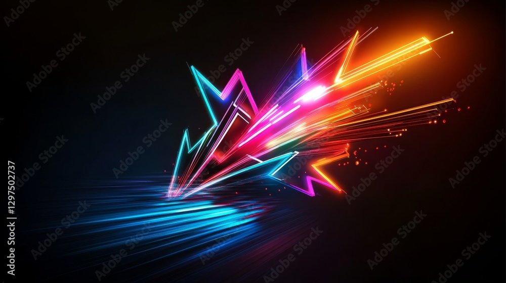 Poster this vivid image features vibrant neon arrows illuminating a dark background, creating an electrifyi