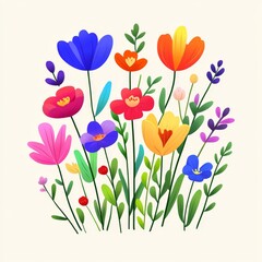 Vibrant floral composition with multicolored wildflowers in full bloom detailed botanical illustration with intricate petal textures natural symmetry and artistic color harmony for elegant vector