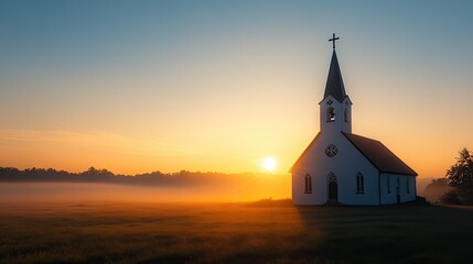A serene sunrise over a church with a cross on the steeple, symbolizing the resurrection and hope of Easter morning