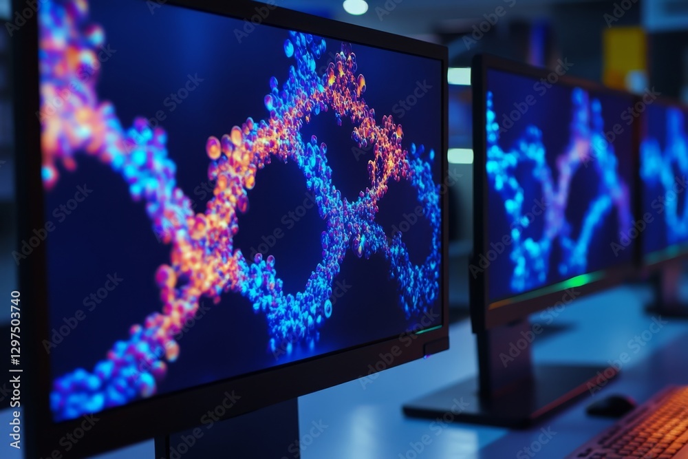 Poster displays of intricate aigenerated protein structures in a modern lab, emphasizing advancements in bi