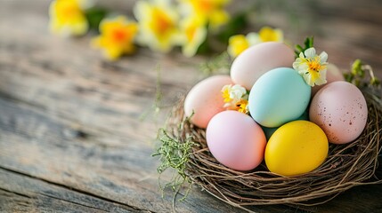 Obraz premium A set of Easter eggs in soft pastel shades, dyed naturally using ingredients like hibiscus, turmeric, and onion skins, resting on a rustic wooden surface