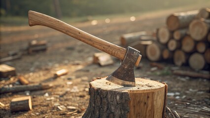 Vintage axe securely placed in a tree stump in a woodland setting, evoking traditional forestry and manual skills. 