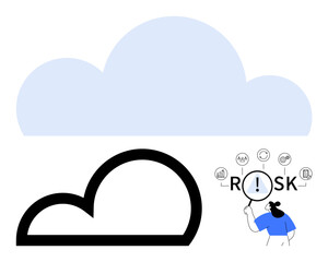 Blue and black cloud shapes paired with a person examining Risk using a magnifying glass, surrounded by process icons. Ideal for business, technology, analysis, security, strategy, risk management