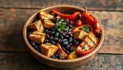 Delicious grilled vegetable and black bean bowl rustic kitchen food photography cozy atmosphere close-up healthy eating