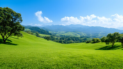 Fototapeta premium Lush green rolling hills and scattered oak trees under a bright blue sky with distant mountains.